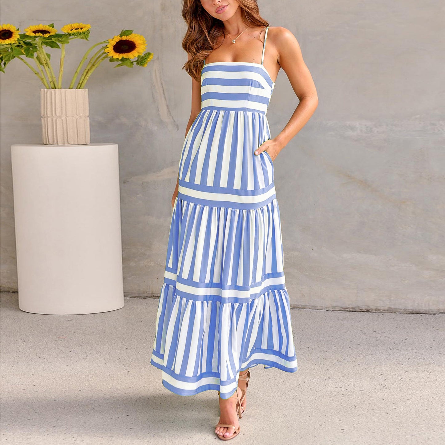 Striped Printed Dress With Pockets