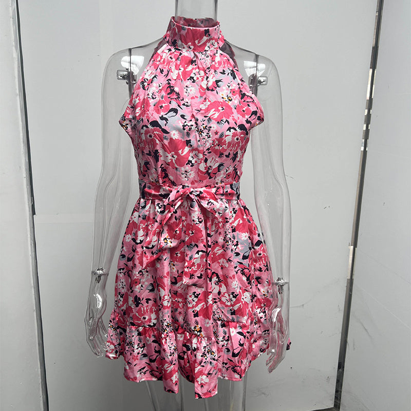 Lace-up Flowers Print Halter Neck Dress