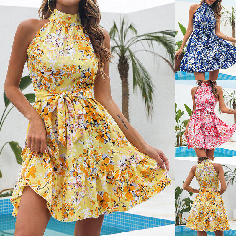 Lace-up Flowers Print Halter Neck Dress