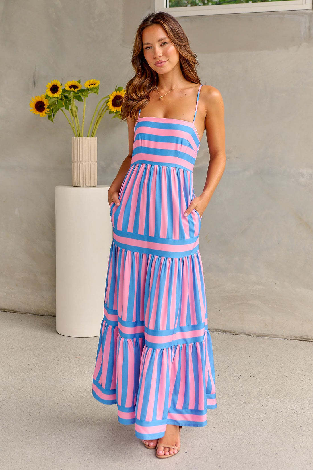 Striped Printed Dress With Pockets