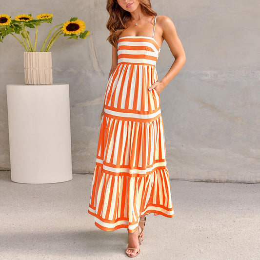 Striped Printed Dress With Pockets