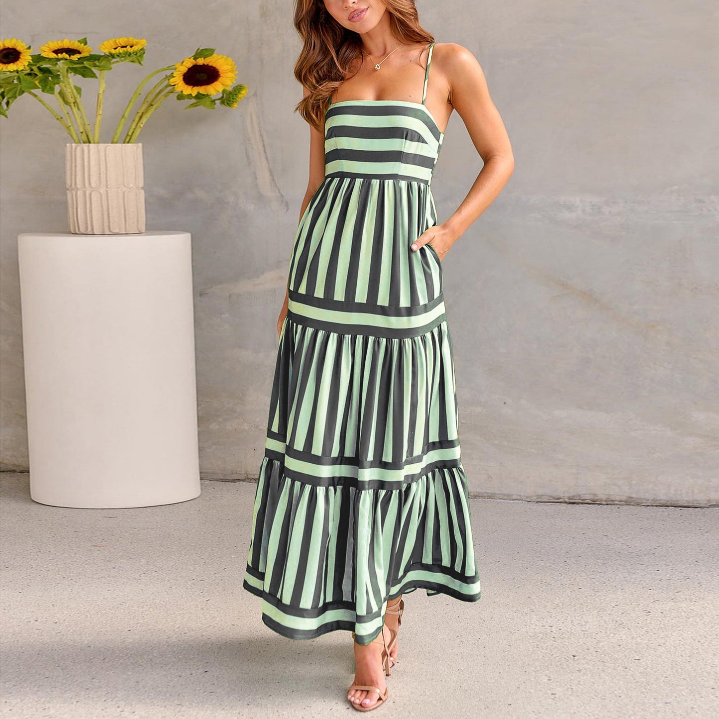 Striped Printed Dress With Pockets