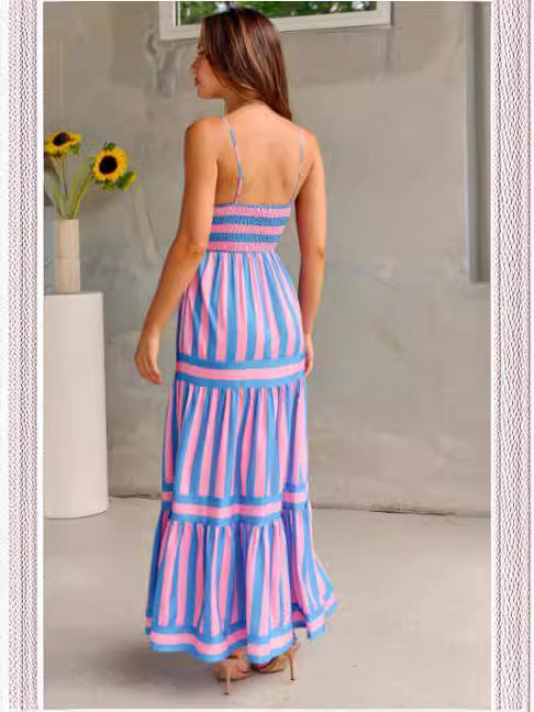 Striped Printed Dress With Pockets